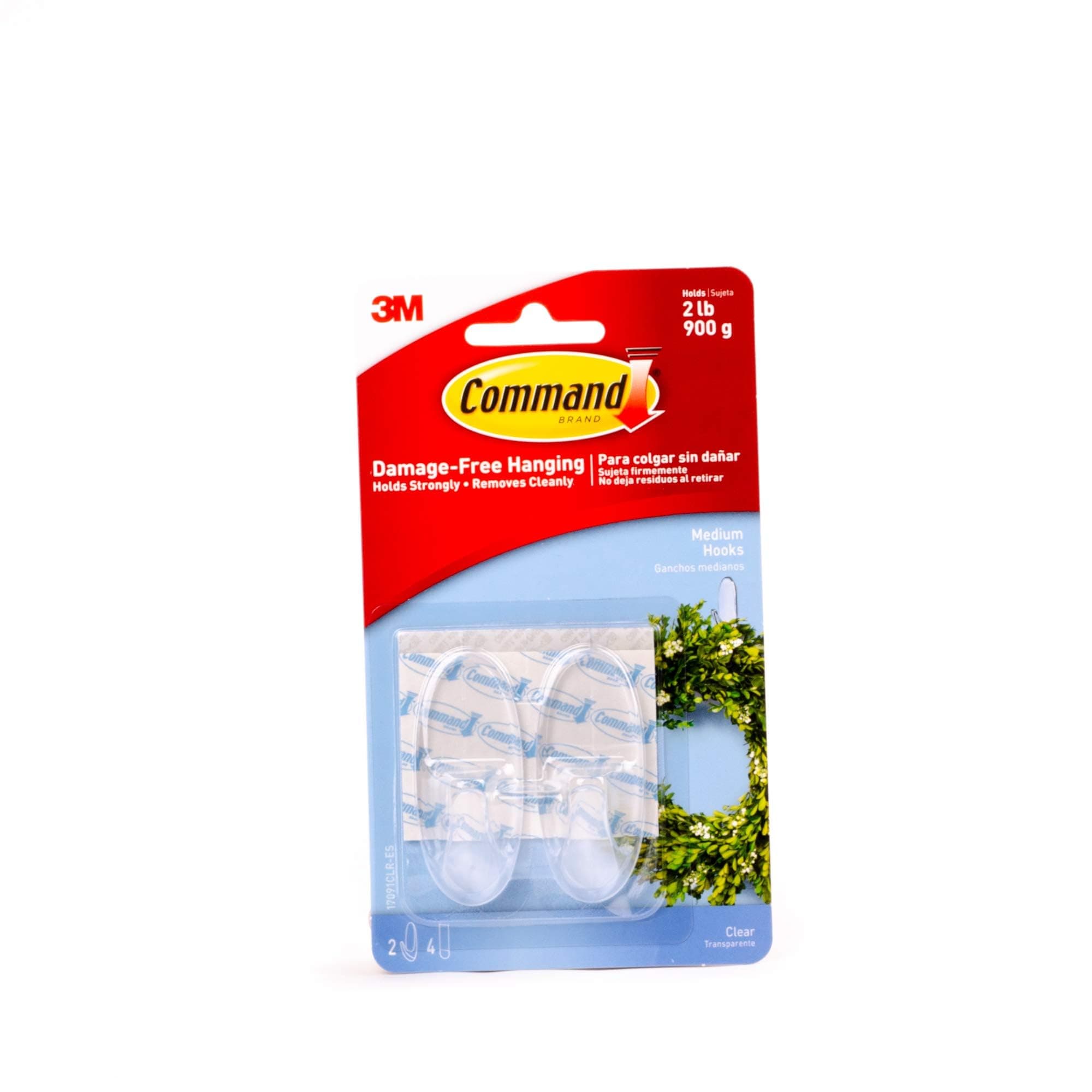 Command Transparent Medium Hooks Clear color, 2 hooks +4 strips/pack | Holds 900 gr. each hook | Organize | Decoration | No Tools | Holds Strongly | Damage-Free Hanging