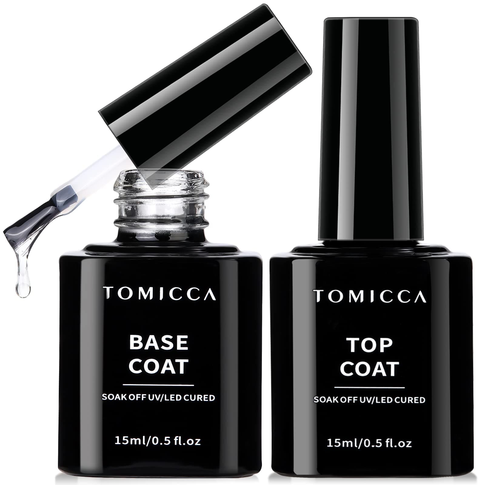 TOMICCA 2 Pcs 15ml No Wipe Top Coat Base Coat Soak Off Set, Shine Finish and Long Lasting, Soak Off LED Gel Base Top Coat Glossy Shine Finish, Base Coat and Top Coat for Nail Polish