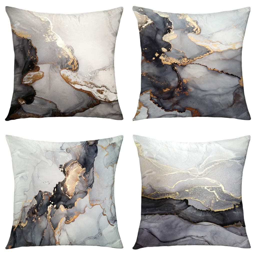 GALMAXS7 Marble Texture Black and Gold Silver Decorative Throw Pillow Covers Luxury Abstract Fluid Art Ink Soft Velvet Pillow Case Square Cushion Covers for Couch Living Room 18 x 18 Inch Set of 4