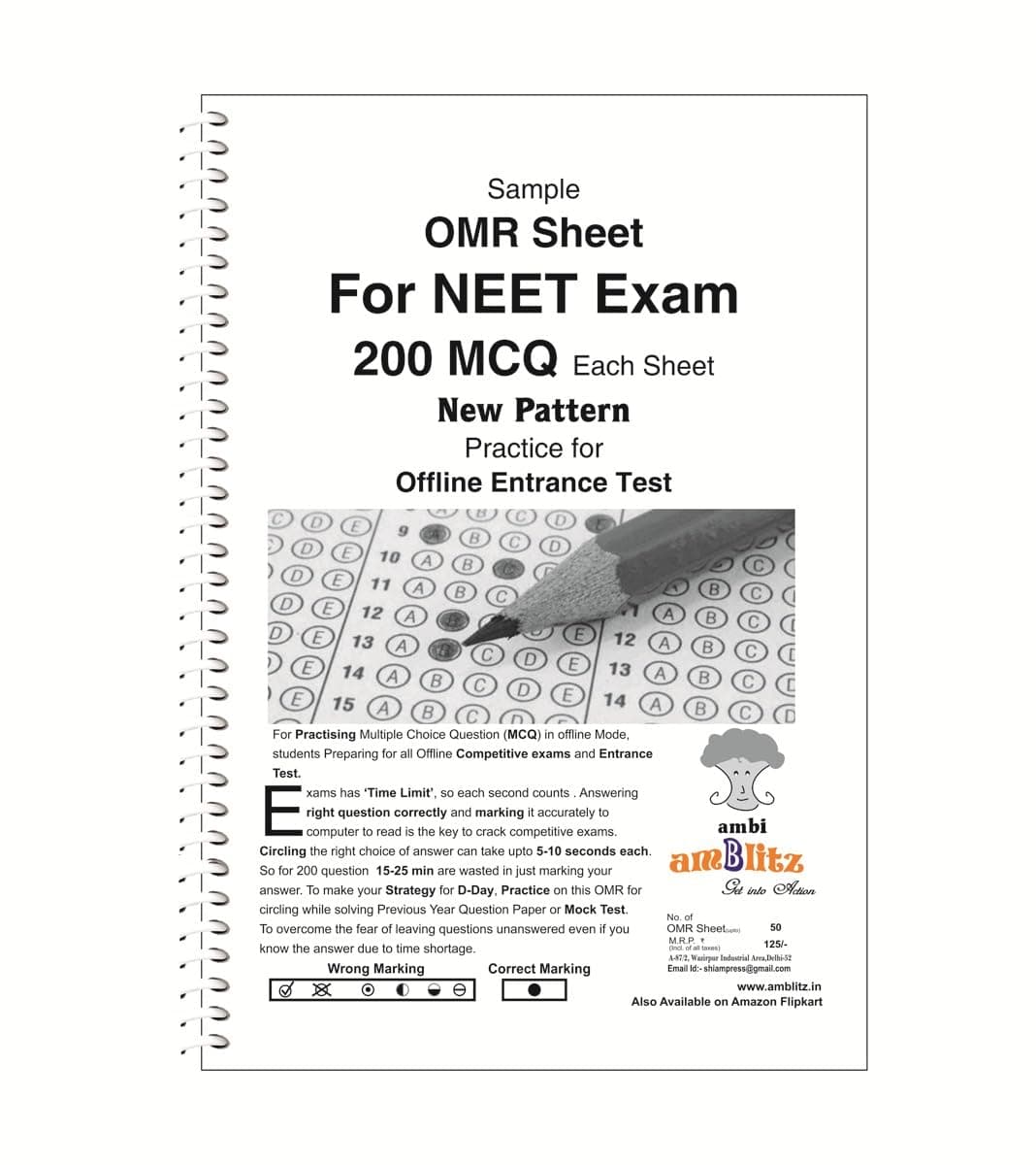 amblitz OMR Sheet | For NEET exam | 200 MCQ | For Practice - 50 Sheets | Pack of 2 Spiral Notebook | Helps in Time Management |