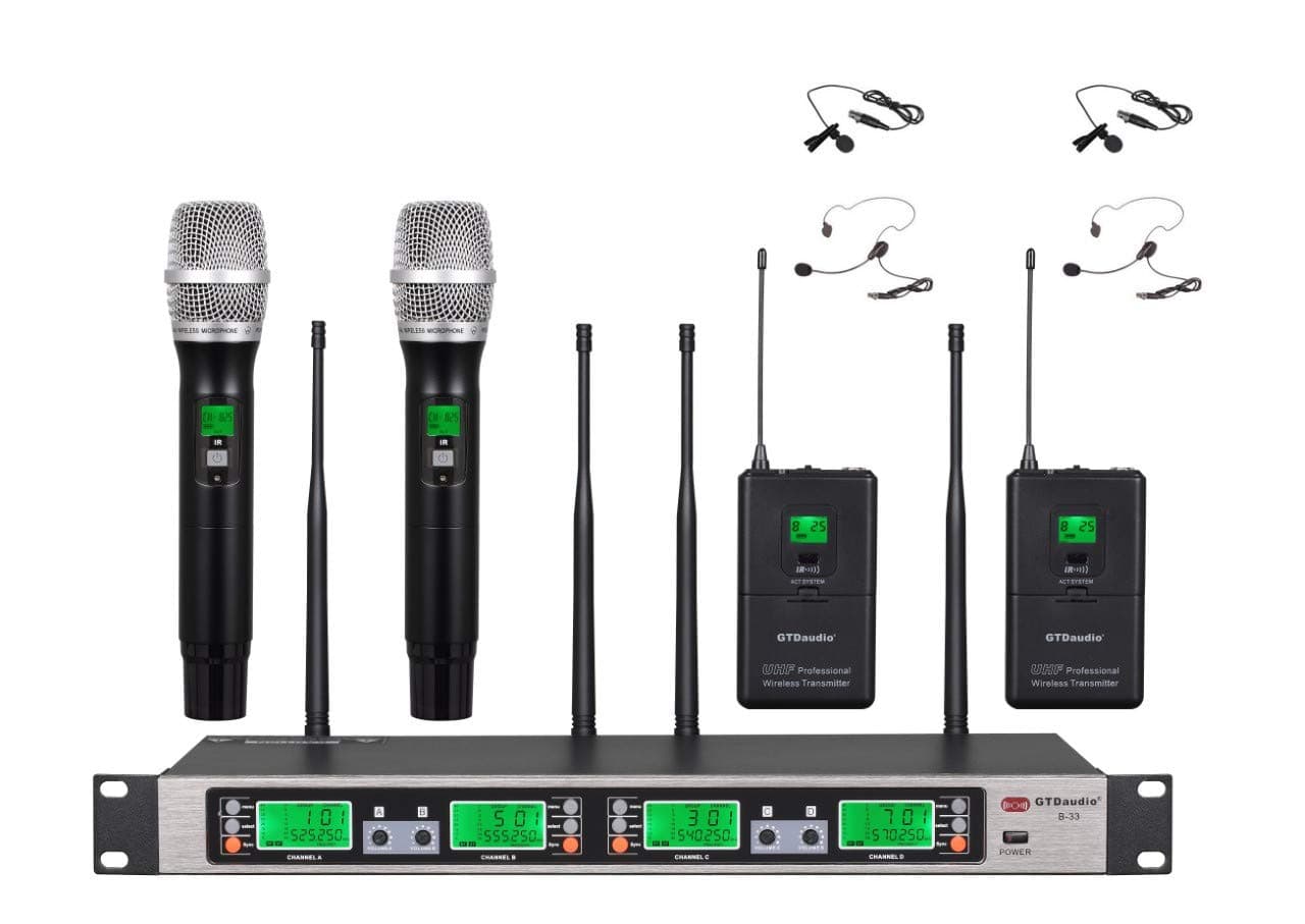 GTD Audio UHF 4 x100 Selectable Frequency Channels 2 Hand-held Wireless 2 Lavalier Lapel Headset Microphone 4 Mic System 33HL