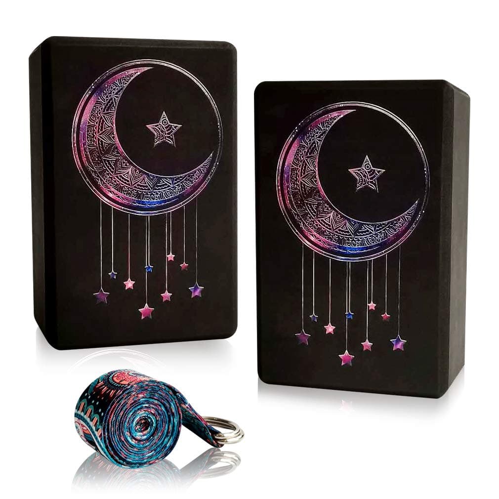 Yoga Blocks 2 Pack with Strap High Density EVA Foam Exercise Blocks – Lightweight Versatile Fitness and Balance Odor Free Brick,9" x 6" x 4"