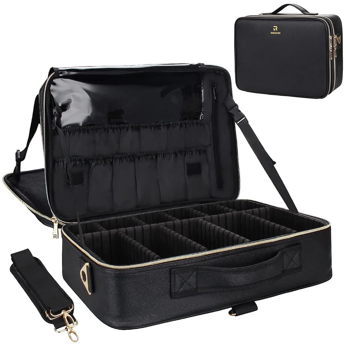 Relavel Makeup Case Large Makeup Bag Professional Train Case 16.5 inches Travel Cosmetic Organizer Brush Holder Waterproof Makeup Artist Storage Box, 3 Layer Large Capacity, Leather Black, Large, dsf-ska-124