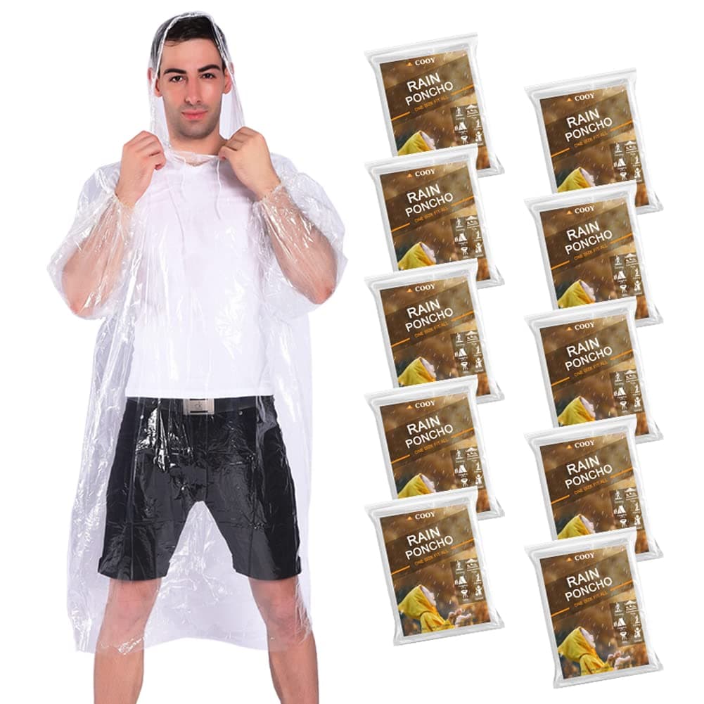 COOY Rain Ponchos,with Drawstring Hood （10 Pack） Emergency Disposable Rain Ponchos Family Pack for Adults,Clear
