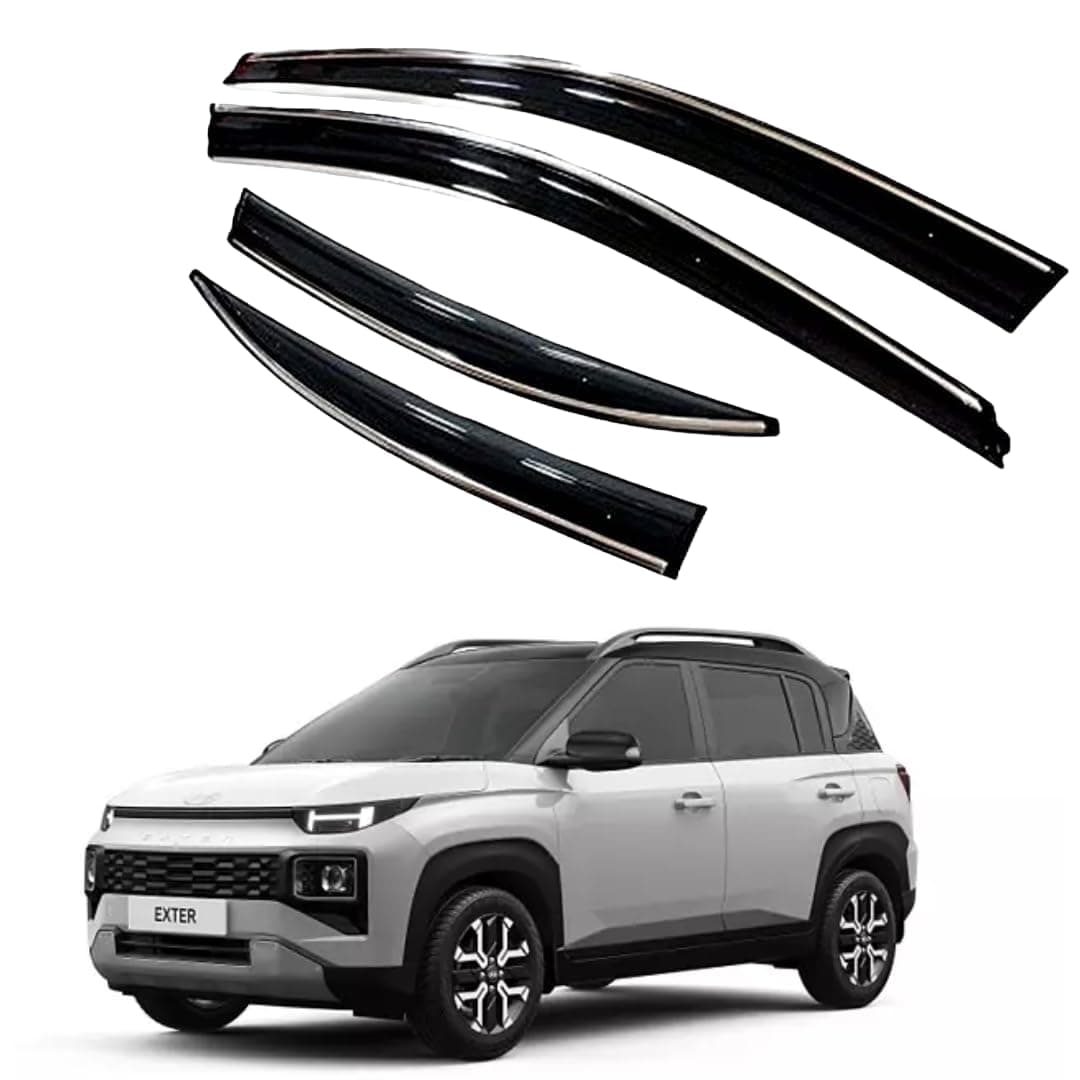 ROYALTECH Premium Chromeline & Silverline Unbreakable Car Rear Window Wind Deflectors & Side Door Visor Rain Guard Compatible with (Hyundai Exter (2023 Onwards))