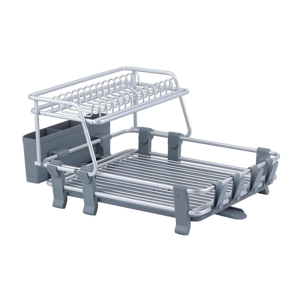 CALITEK Dish Drying Rack 2 Tier Aluminium Anti Rust Dish Drainer with Removable Draining Board Cutlery Holder and Cup Holder (Silver)