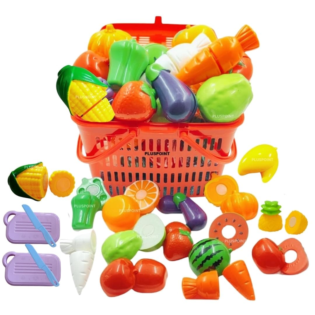 PLUSPOINT Fruit Cut Toy with Storage Basket Realistic Sliceable Cutting Fruits and Vegetable Pretend Play Kitchen Toys for Kids 7-Fruits/ 7-Vegetables/ 2 Board/ 2 Knife (Multicolour), 18pc