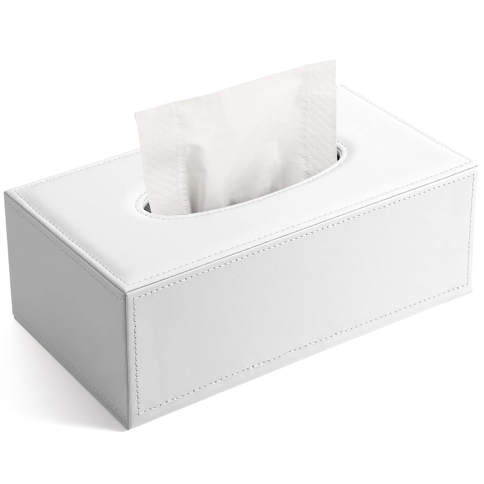 KINGFOM Rectangular PU Leather Tissue Box Cover - Facial Tissue Paper Napkin Holder for Bathroom, Home, Office, Car Automotive Decoration with Magnetic Bottom(White)
