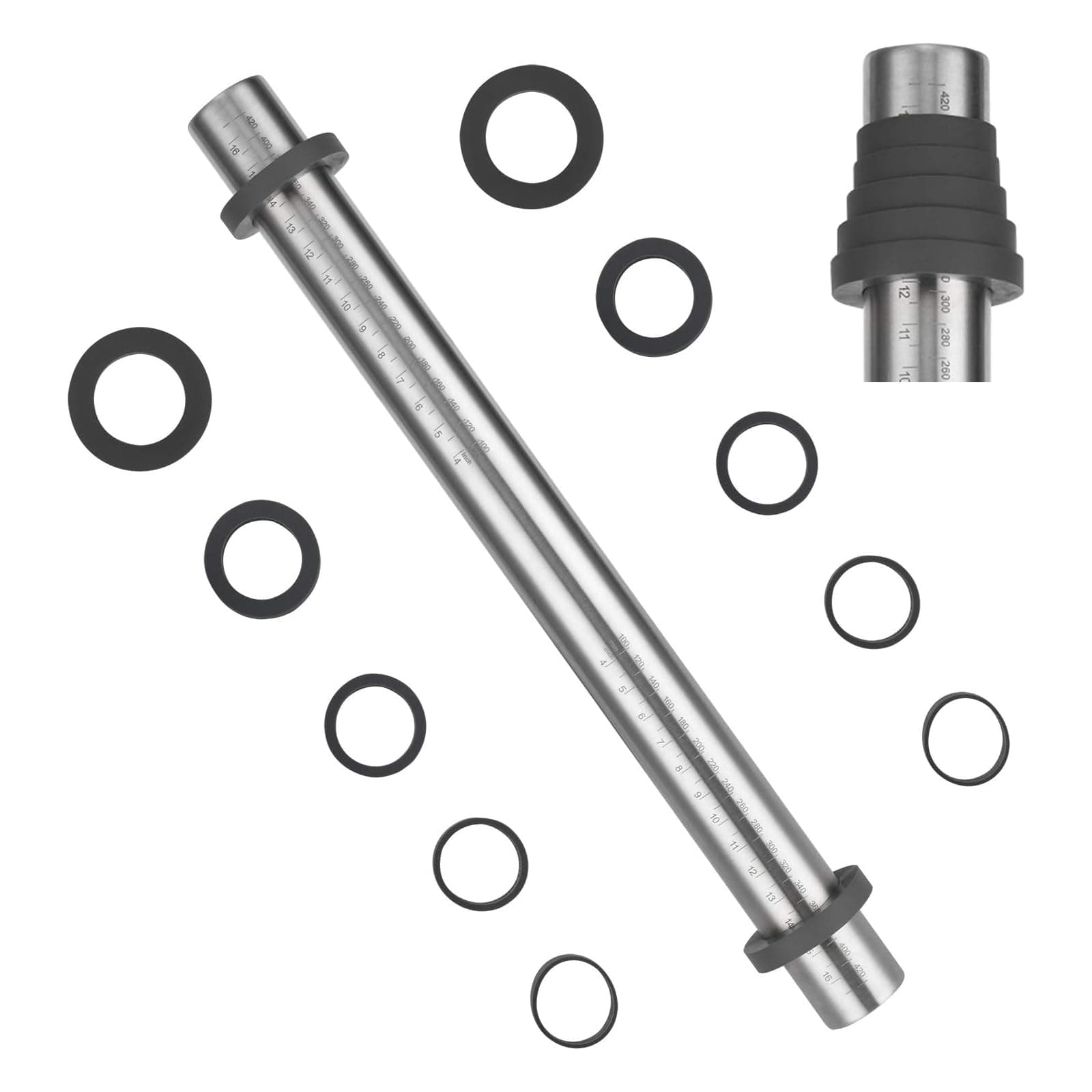 Folksy Super Kitchen Adjustable Rolling Pin with Thickness Rings for Baking -Non Stick Stainless Steel Dough Roller Pin with Bands for Cookie,Wood,Wooden and Bread (Grey, 17.5'')