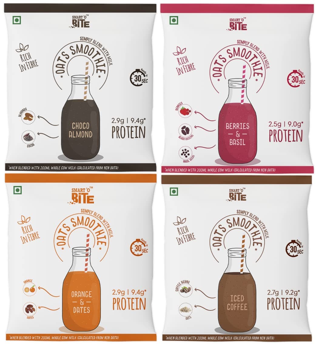 Oat Smoothie Assorted Pack | Healthy Shake Mix | 28 Sachets - 4 flavours x 7 each - Choco, Berries, Orange, Coffee | No Refined Sugar | Fibre Rich | Protein Source | Ready in 30 Seconds