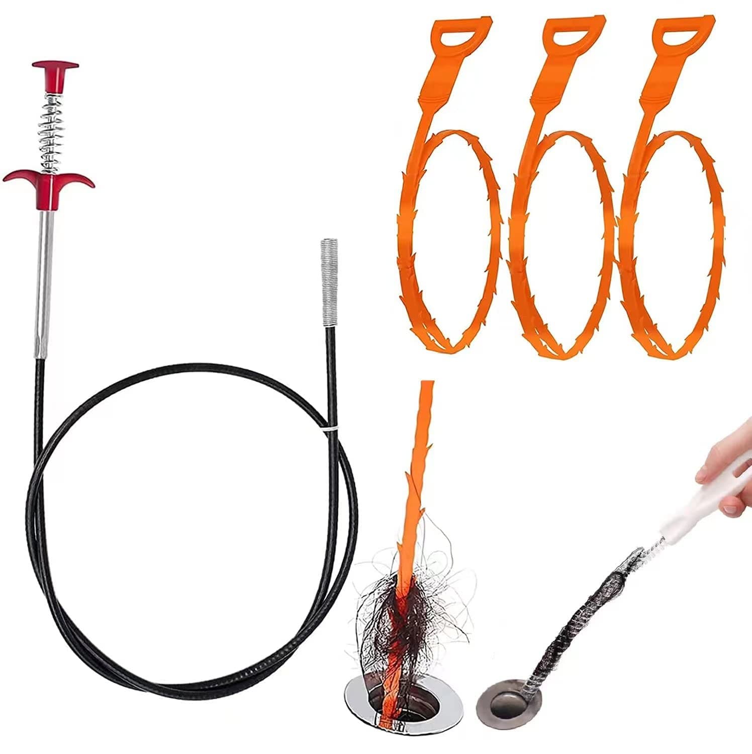 Founder 63 Inch Drain Clog Remover Tool, 4 Pack, Stainless Steel, Silver, Combination Drain Cleaner