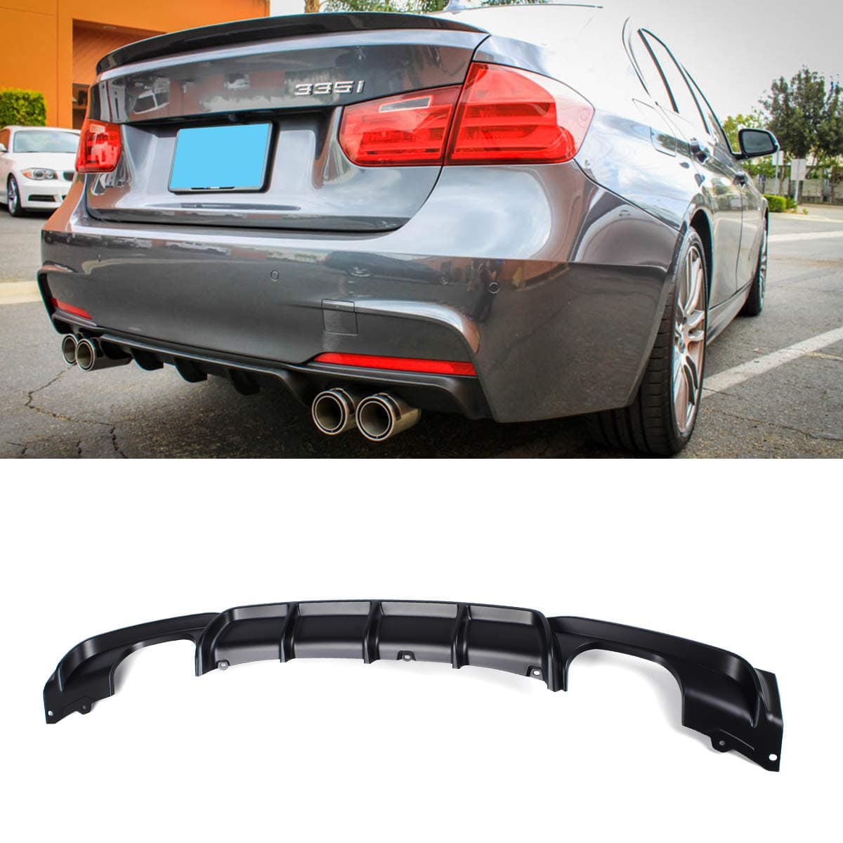 F30 Diffuser, FRP M Style Rear Bumper Diffuser Lip 4 Exhaust Tips for BMW 3 Series F30 320i 325i 328i 335i M-Tech M Sport (Matt Black)