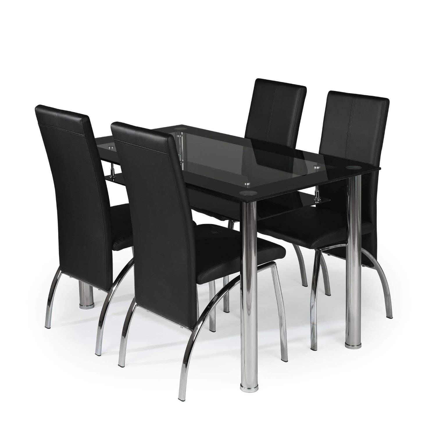 Modernique® Glass Dining Table and 4 Chairs set, Table size 80 cm with faux leather thick foam padded Chairs with Chrome Frame Available in Black (80 CM, Black)