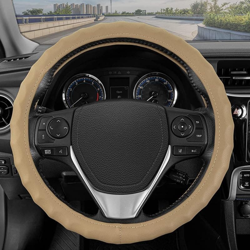 Drop Stop Leather Universal Steering Wheel Cover for Car, Medium (14.5" - 15.5"), Leather, Anti Slip Steering Cover - (Model - Finger) for Corolla Beige Color