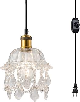 Vintage Plug in Pendant Light Crystal Hanging Lights with 15Ft Black Plug in Cord & On/Off Dimmer Switch, Mini Chandelier for Kitchen Island Dining Room Bedroom
