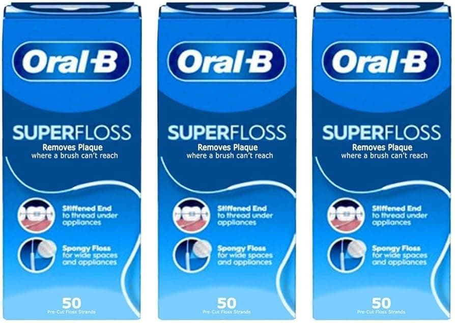 Oral-B Super Floss Mint Dental Floss for Braces Bridges - 50 Strips (Packs 3)
