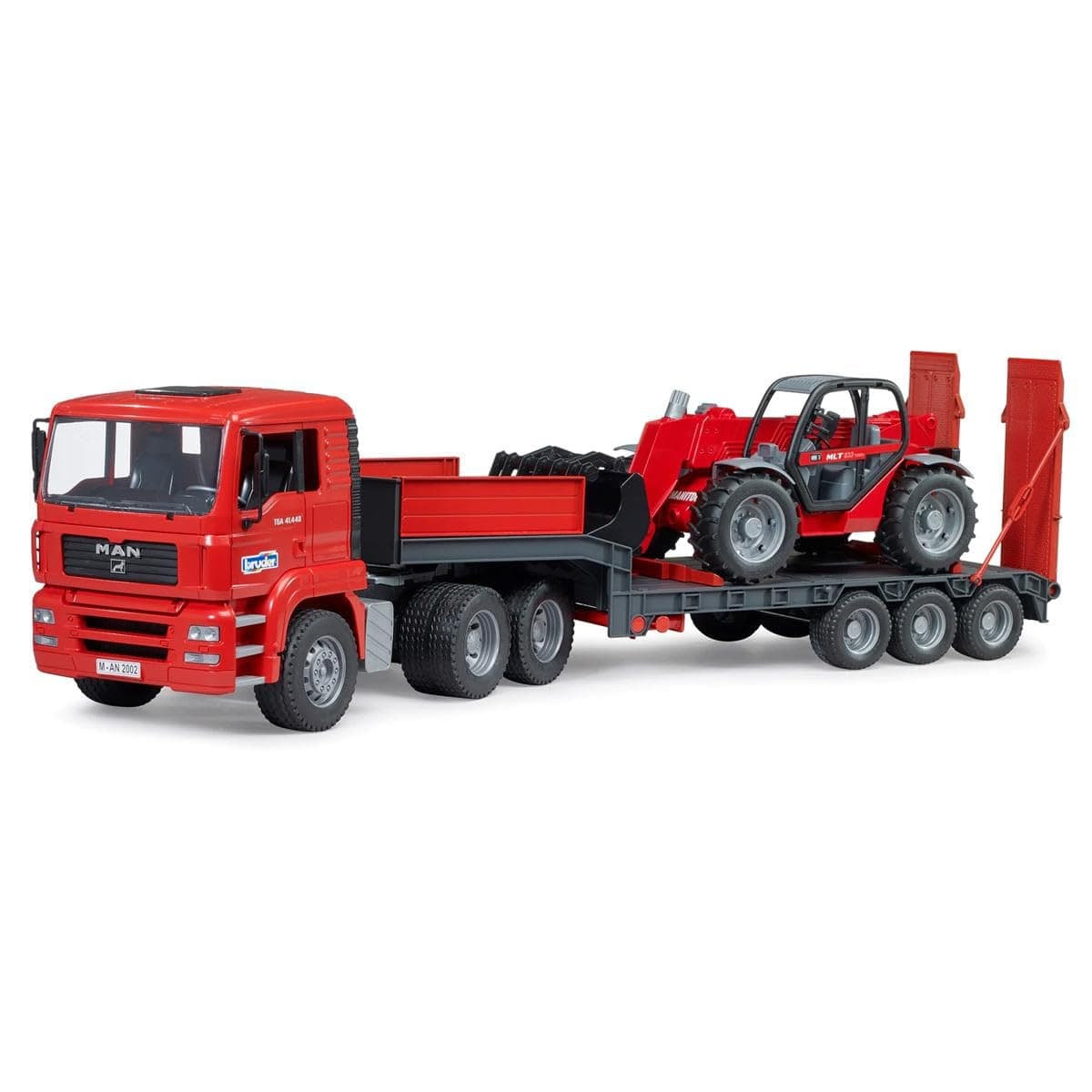 Bruder 02774 Man TGA Low Loader with Manitou Telescopic Loader MLT 633-1:16 Vehicles, Lowloader, Transporter, Truck, Wheel Loader, Toy from 3 Years