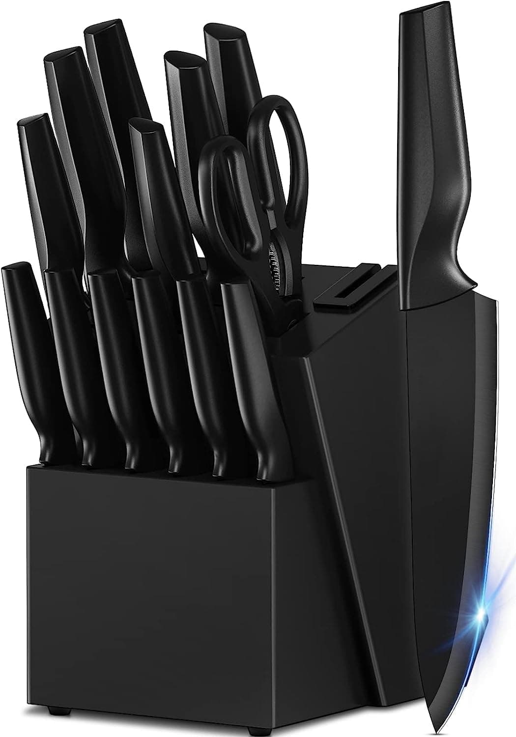 SKADE Knife Set, Kitchen Knife Set with Built-in Sharpener Block, Dishwasher Safe, Stainless Steel Knife Block Set, 15 Pieces German Stainless Steel Knife Block Set, Black