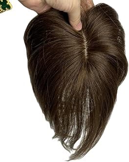 Anemone 10 inch Middle Part Straight Real Human Hair Topper Small Thin Clip in Hair Air Bangs for Mild Hair Loss Red Tone (Warm Brown)