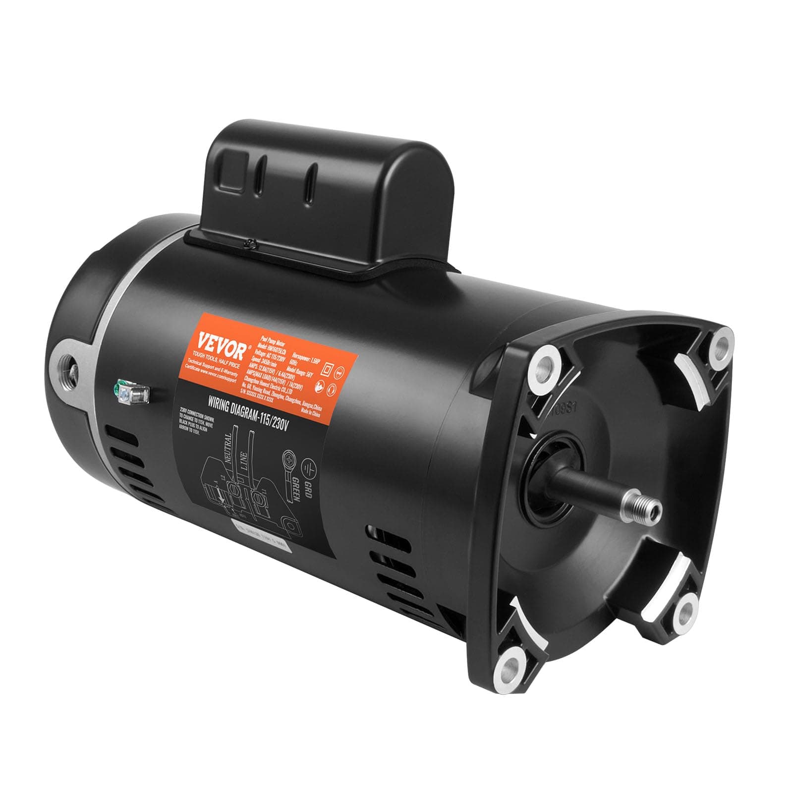 VEVOR 1.5 HP Pool Pump Motor, 56Y Frame, 115V((12.8 Amps))/230V(6.4 Amps) 3450 RPM, 60Hz, 1.1 Service Factor, 90μF/250V Capacitor, CCW Rotation Square Flange Replacement Motor