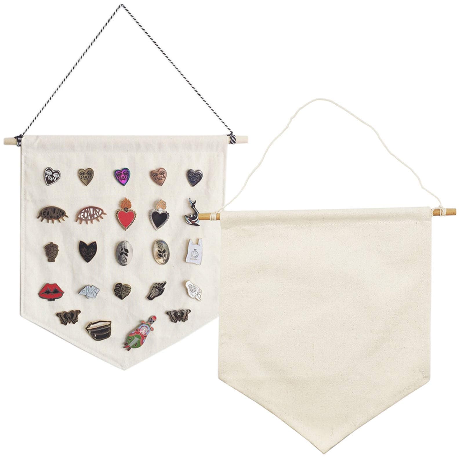 2pcs DIY Blank Canvas Banner Flags Wall Display Banners Enamel Pin Banners Collection Lapel Badge Storage Canvas Wall Hanging with Rod (Natural Beige)