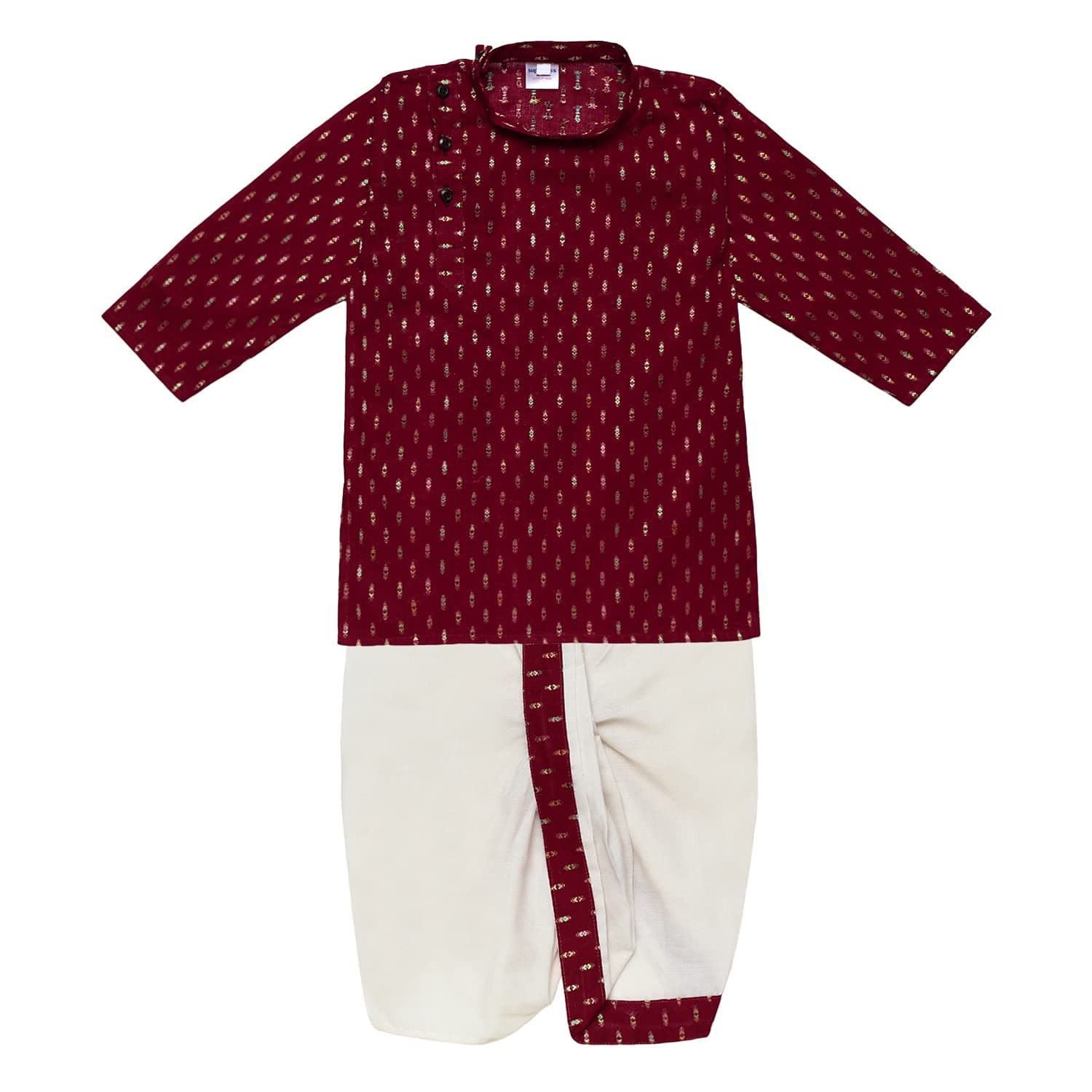 Boy's Cotton Kurta with Dhoti - Golden Thread Work, Side Button Kurta Set for Ethnic Wear