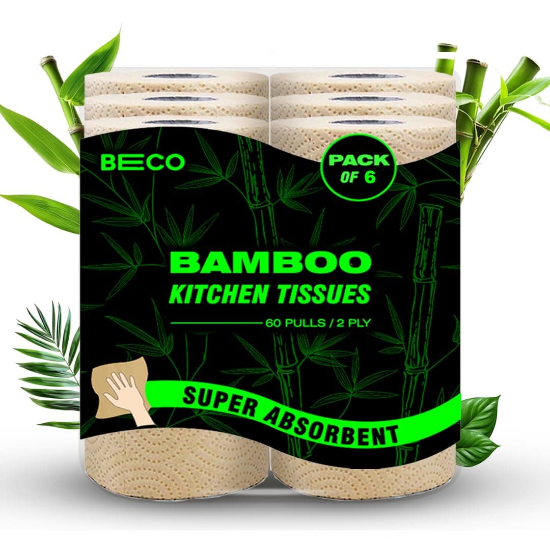 Beco Bamboo Kitchen Towels, 360 Pulls, 2 Ply, Ecofriendly Kitchen Tissue Rolls, 60 Pulls Each (Pack of 6), Biodegradable Tissue Papers