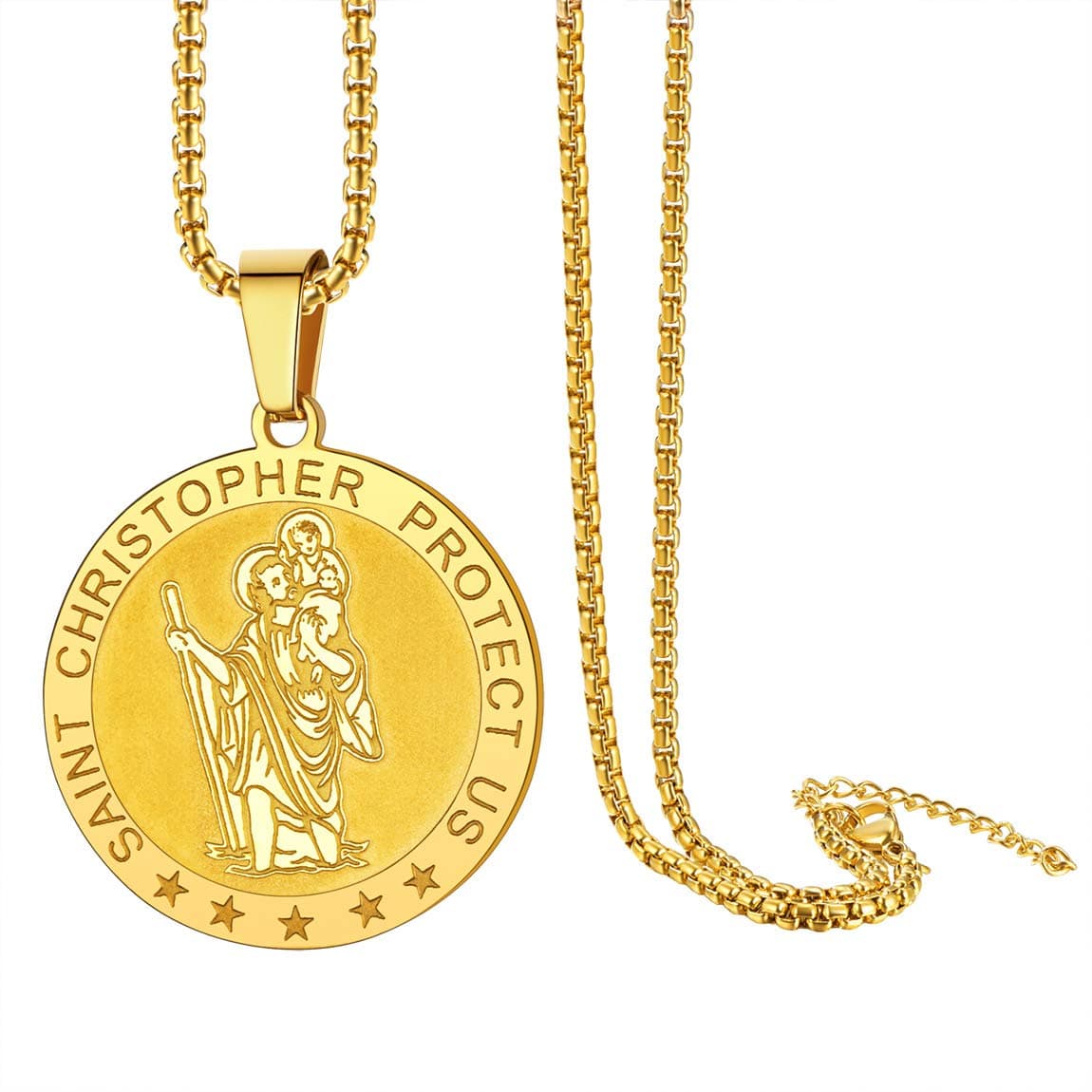 St. Christopher Medal Necklace for Men, with Chain-22+2", Crafted Saint Christopher Protect US, Can Custom, Stainless Steel/Gold Plated/Black (Send Gift Box)