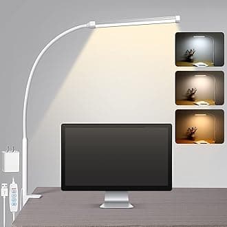 LED Desk lamp with Clamp, Eye-Caring Clip on Lights for Home Office, 3 Modes 10 Brightness, Long Flexible Gooseneck,Metal, Swing Arm Architect Task Table Lamps with USB Adapter, White