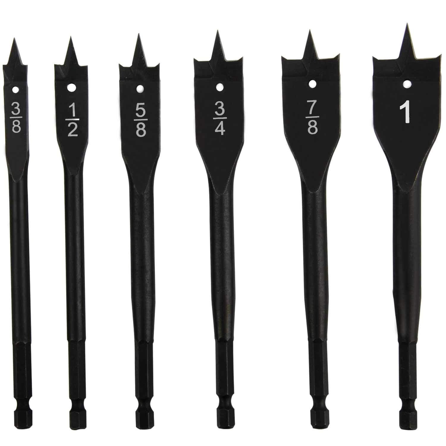 6 Bit Carbon Steel/Titanium Coating Spade Drill Bit Assortment, 3/8-Inch to 1-Inch Paddle Flat Bits for Woodworking, Storage Pouch Included