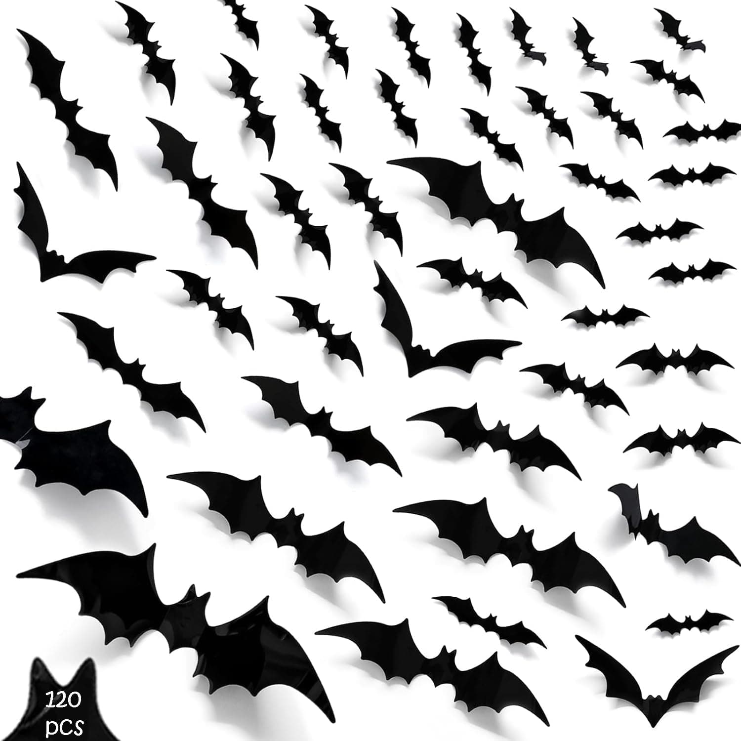 ANTOLE 120PCS Bats Wall Decor,DIY 3D Bats Hallo ween Decorations,4 Different Sizes PVC Bat Stickers for Home Decor/Indoor Party Decorations,Double-Sided Adhesive Included