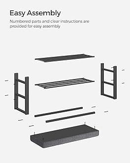 SONGMICS Shoe Bench, 3-Tier Shoe Rack for Entryway, Storage Organizer with Foam Padded Seat, Linen, Metal Frame, for Living Room, Hallway, 12.2 x 31.9 x 19.3 Inches, Dark Gray and Black ULBS57GYZ