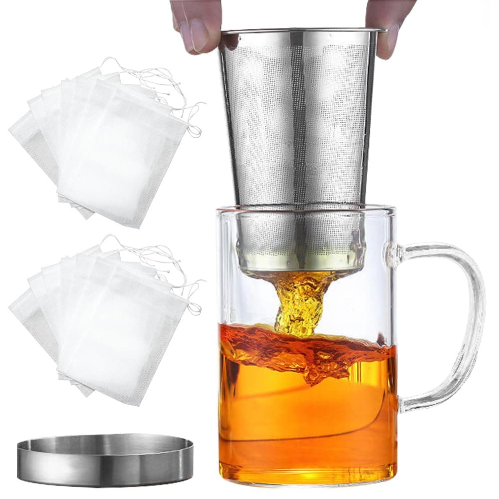ADERTOS Tea Cup with Infuser and Lid, Tea Infuser Mug Glass Tea Steeping Mugs Large Tea Strainer Cups with 100 PCS Drawstring Tea Bags for Brewing Loose Leaf Tea in Home or Office, 450ml/15.3oz