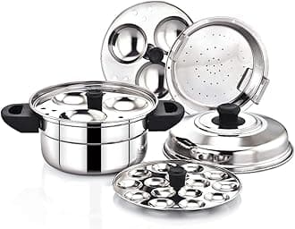 Stainless Steel Idly Maker Cooker Compatible with Induction and Gas Stove (2 Idli Plates/6 Idlis, 1 Mini Idli Plate/15 Mini Idlis and 1 Multi-Purpose momos Steamer/Idiyappam Steamer Plate