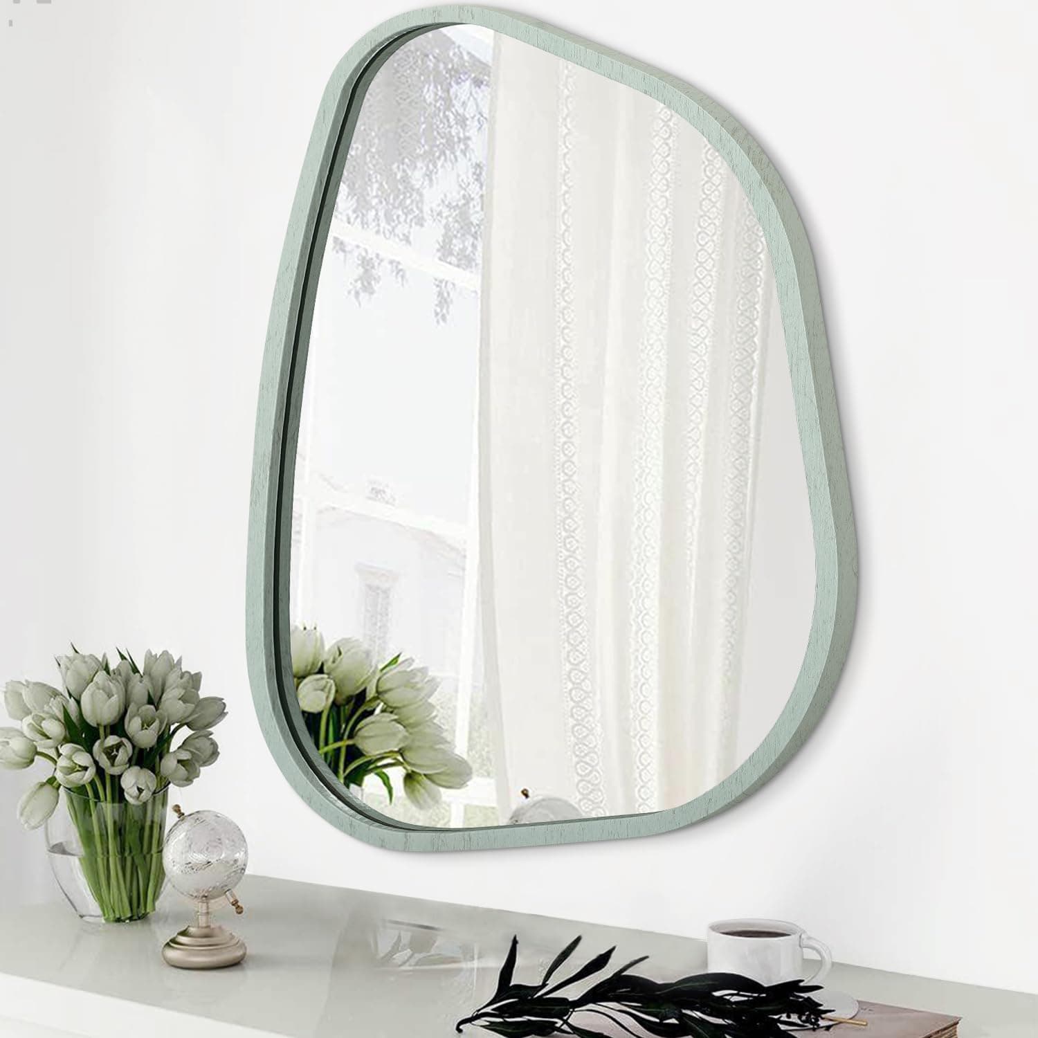 Irregular Decorative Oval Asymmetrical Wooden Framed Unique Shape Wall Mounted Vanity Artistic Mirror - Large for Bathroom, Living Room, Entryway