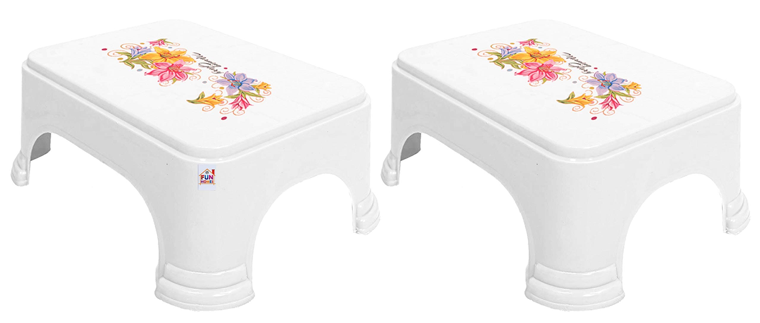 Floral Print 2 Pieces Plastic Bathroom Stool, White
