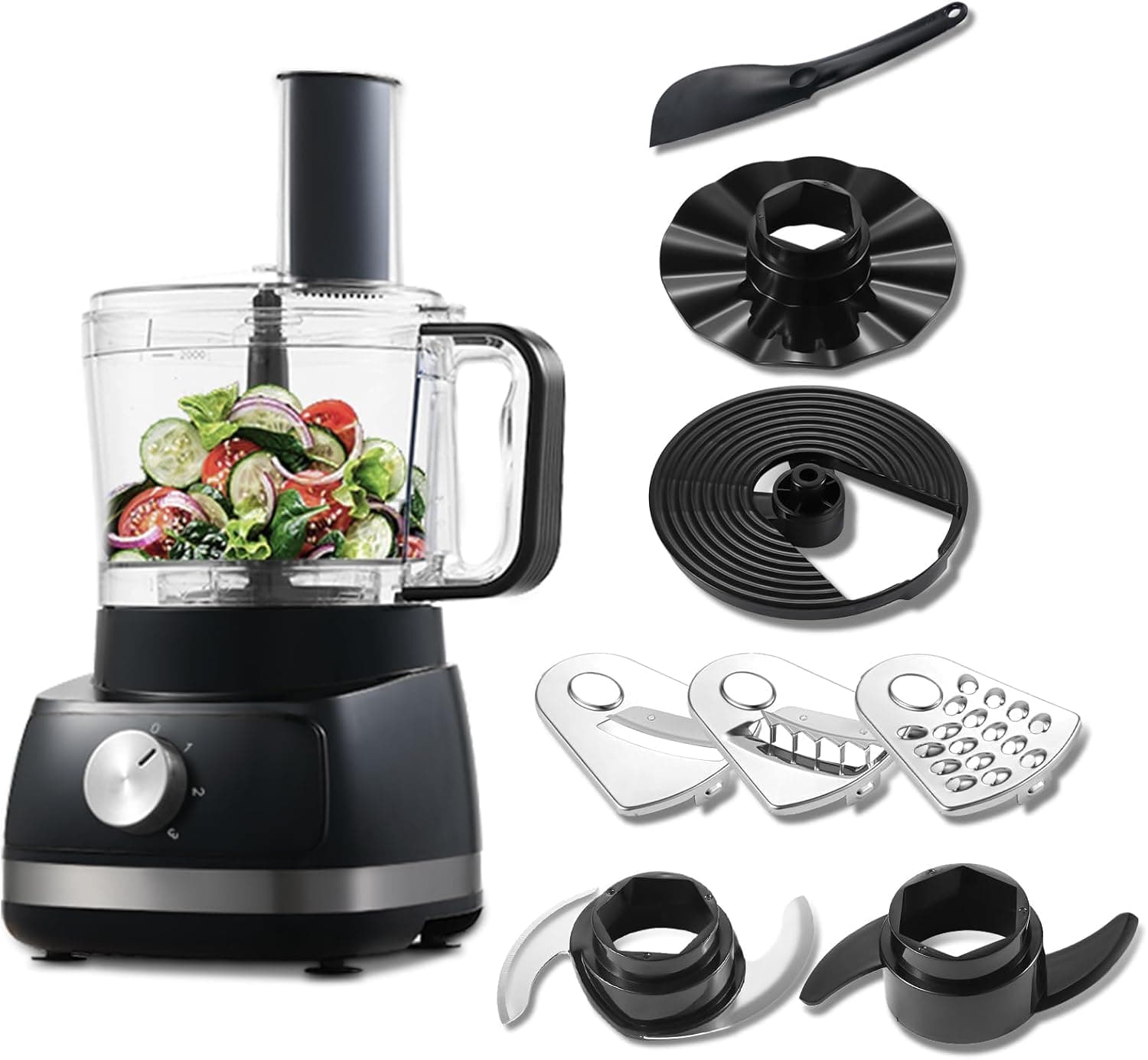 Food Processor, 6-in-1 Food Processor and Blender Multifunctional for Chopping, Slicing, Shredding and Kneading Dough, 3 Speeds with Pulse, 2L Mixing Bowl, 3-in-1 Cutting Disc, 800W, Black