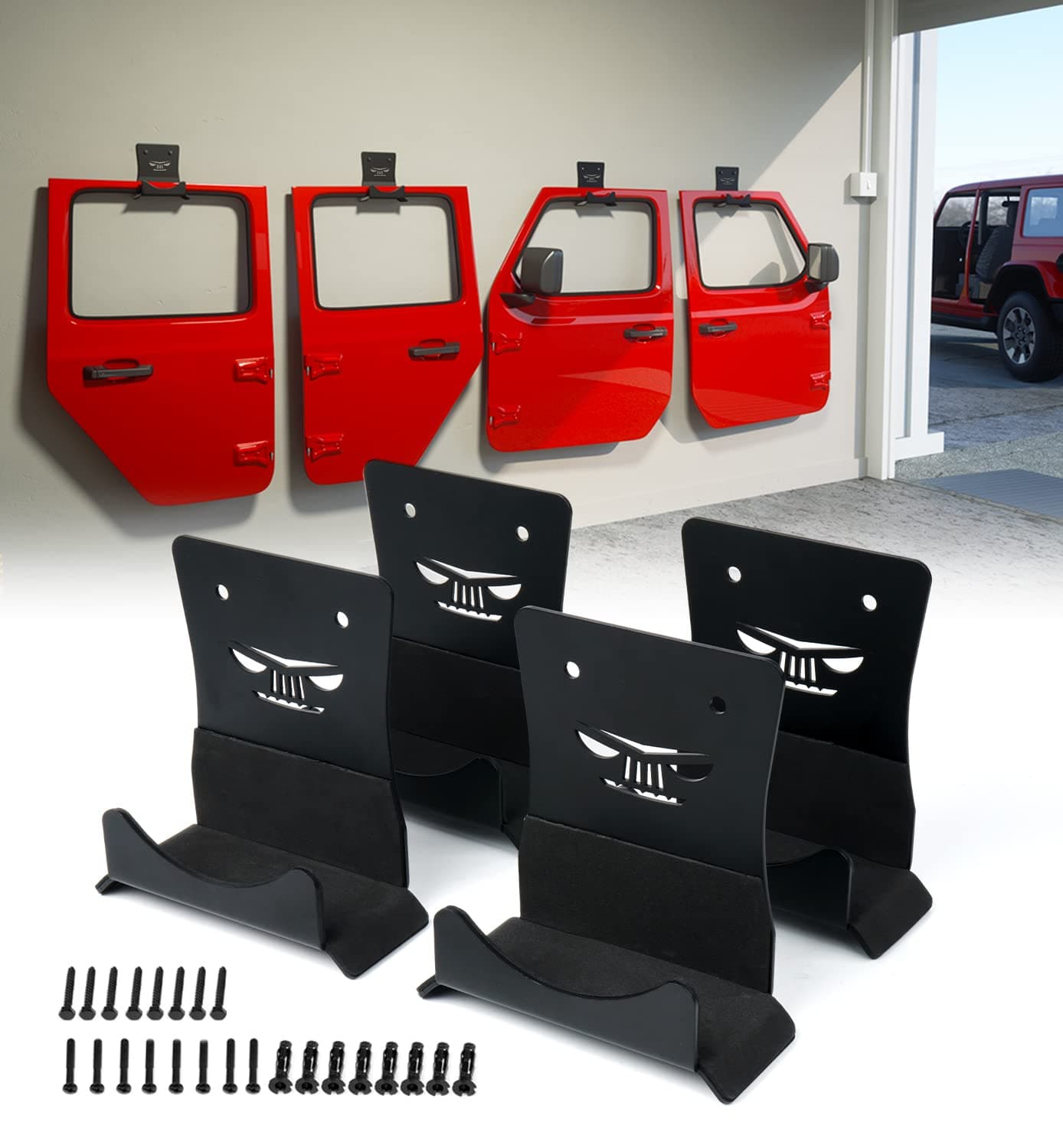 Xprite Wall Mount Removable Door Storage Hangers with Rubber Lining, Heavy Duty Metal Door Storage Holder Bracket for 1956-2021 Jeep Wrangler CJ YJ TJ LJ JK JKU JL JLU - 4 Pack