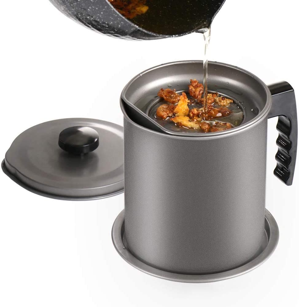 Ourokhome Bacon Grease Container with Strainer- 1.3L Gray Kitchen Can for Used Cooking Oil, Fat, Frying Oil