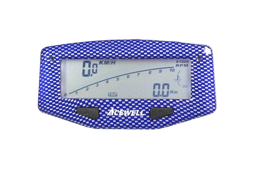 Acewell ACE-1600CB Speedometer with RPM Meter Function for Motorbikes Temperature/Fuel Gauge/LED Gear Change Warning Display Carbon Look Blue