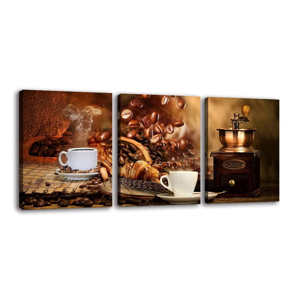 Kitchen Canvas Wall Art for Dining Room - Coffee Themed Prints With Bean, Cup, and Machine Decor for Wall Decorations