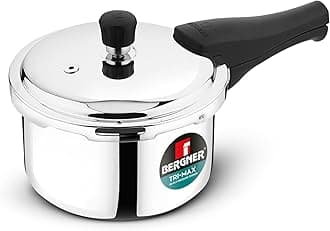 Bergner Tri-Max 2 L Triply Pressure Cooker, Outer Lid Cooker, Triply Body, Healthy Cooking, Durable Bakelite Handle, Safety Valve, Measuring Scale Inside, ISI Certified - Induction and Gas Stove Ready