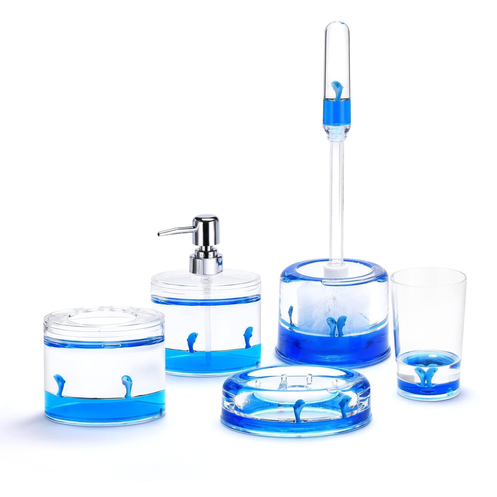 - Locco Decor 5 Piece Acrylic Liquid 3D Floating Motion Bathroom Vanity Accessory Set Ocean Cartoon Animal Theme Dolphin Toothbrush Holder, Tumbler, Soap Dispenser, Soap Dish, Toiletbrush Holder Set