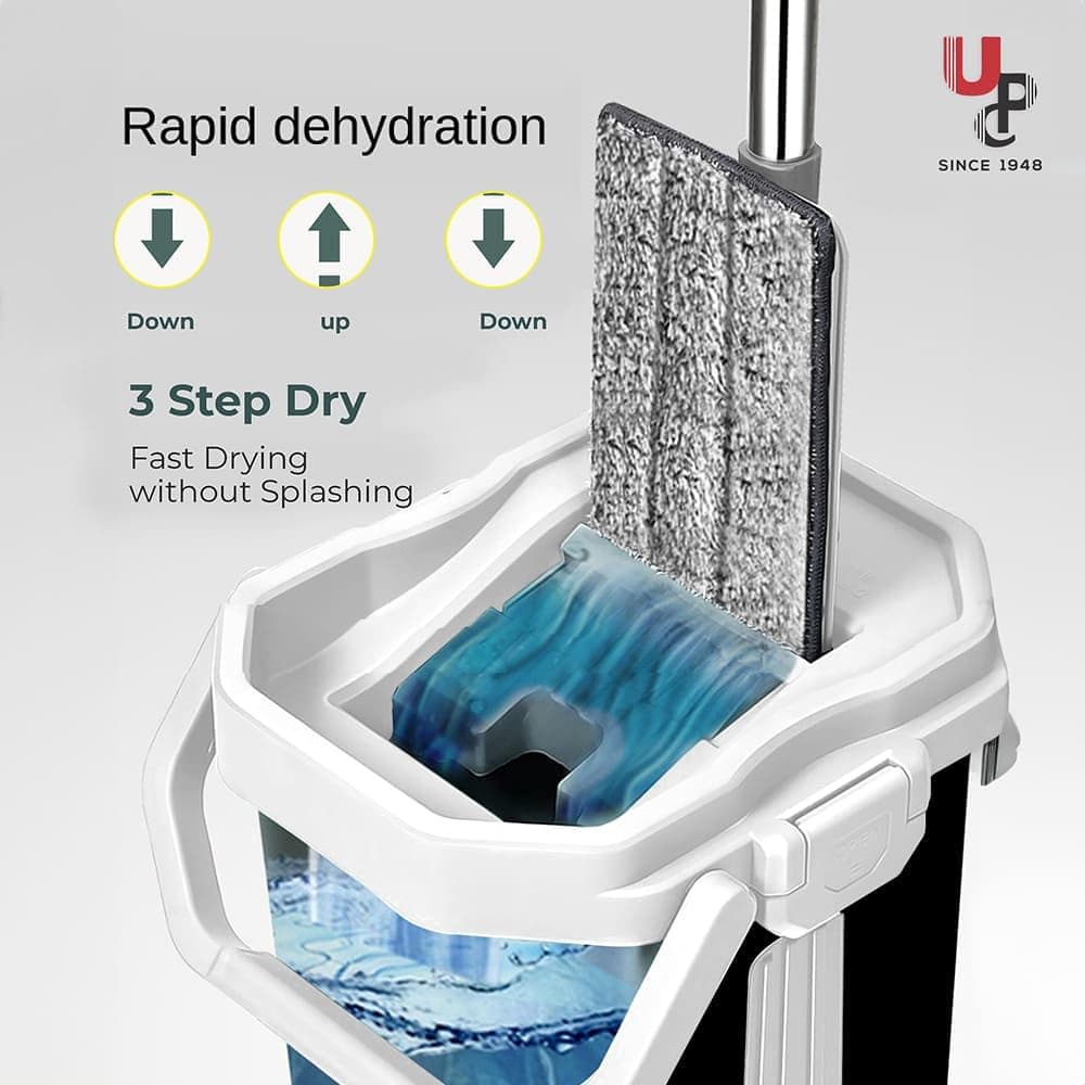 U.P.C. Microfiber Flat Mop With Bucket - 360° Flexible Spin Head for Floor Cleaning, Super Absorbent Pad, Hands-Free Squeeze, Extended Steel Handle (Black)