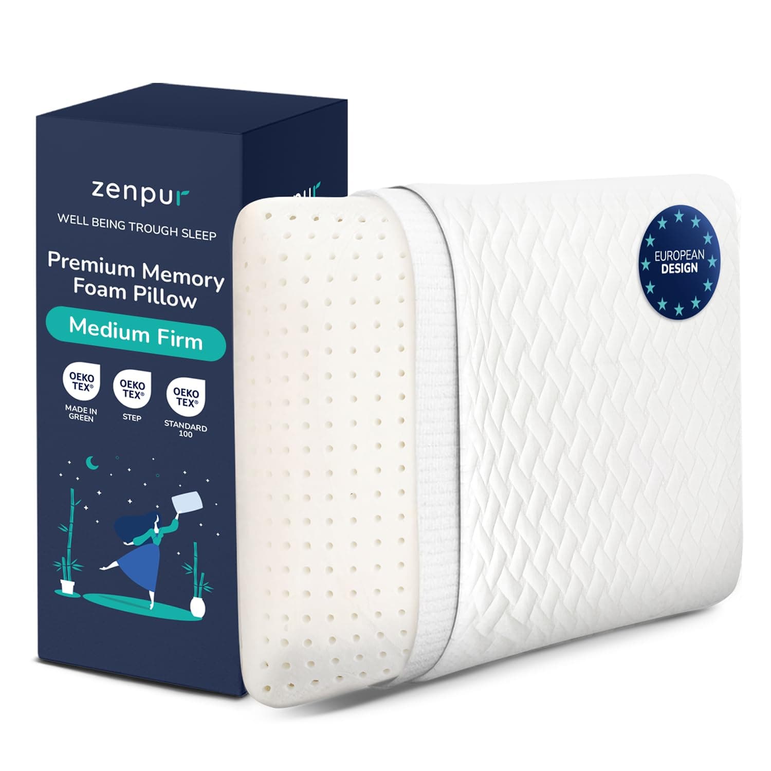 ZenPur Memory Foam Pillow - Orthopedic Neck Support, EU-Made, Side Sleeper Pillow with Bamboo Cover, Alleviates Neck, Shoulder Pain, and Aids Spine Alignment, Medium Firm