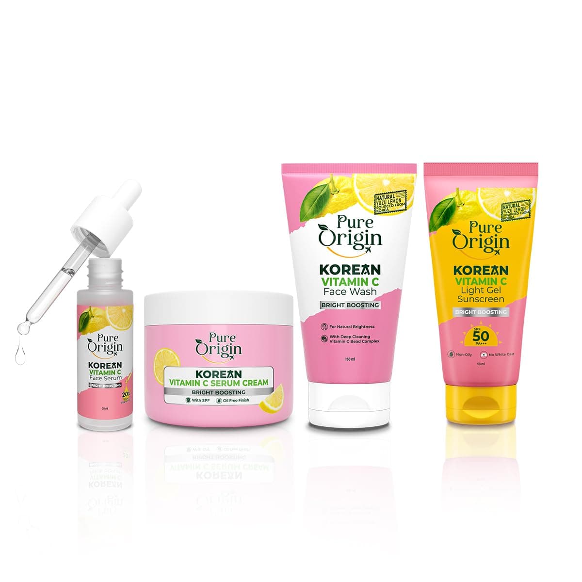 Pure Origin Korean Vitamin C Face Essentials Combo | No White Cast Sunscreen (50g), Brightening Serum (30ml), Spots-reducing Serum Cream (50g) & Face Wash With Microbeads (150ml) | Visibly Bright Skin
