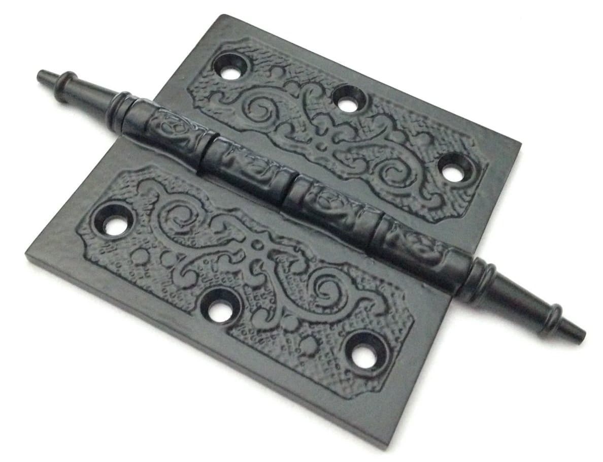 Victorian Style 4"x4" Cast Iron Black Hinge with Decorative Vine Pattern & Steeple Tip Finial