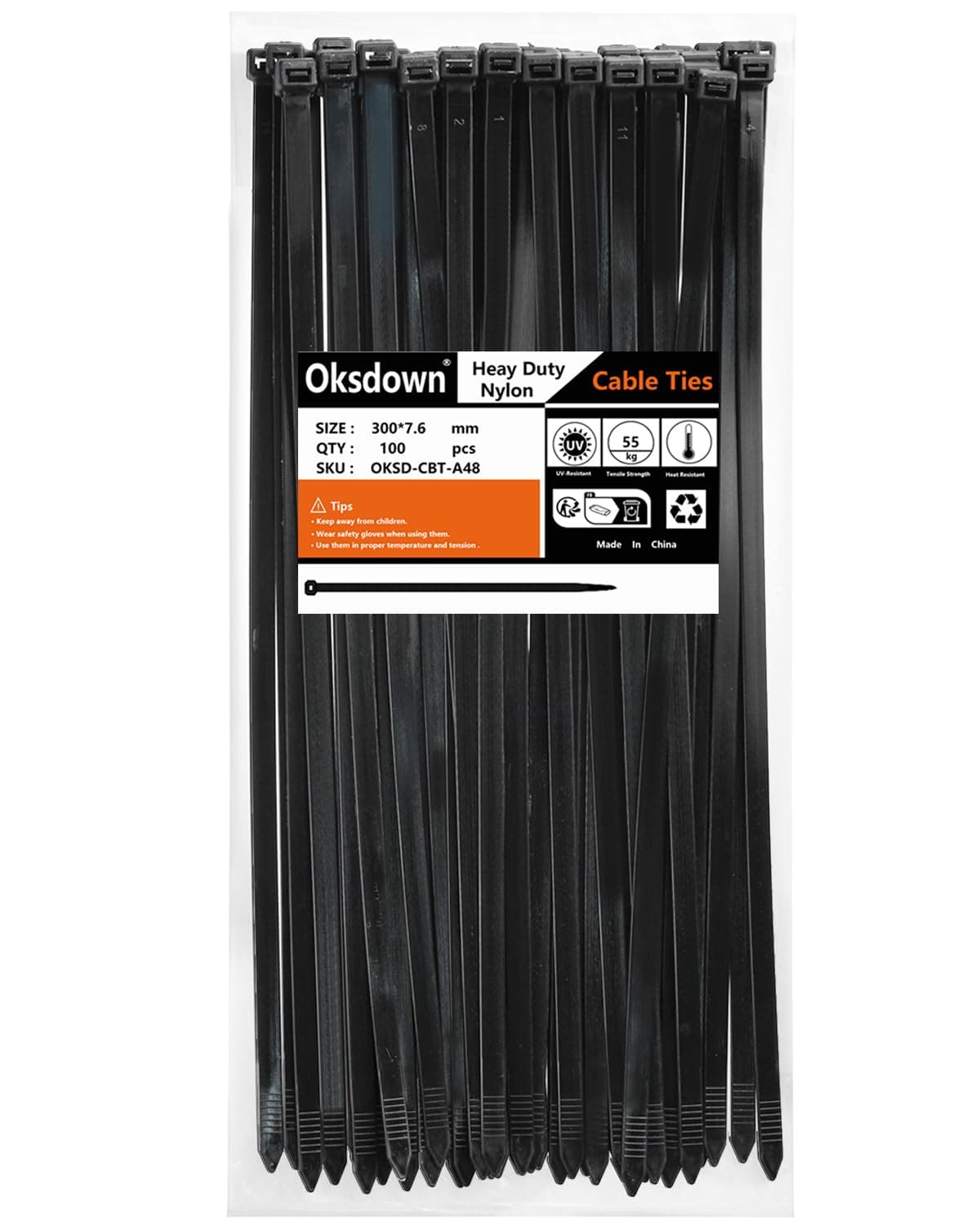 Oksdown 100 Pack Black Thick Cable Ties Heavy Duty Large 300mm×7.6mm Strong Nylon Plastic Self Locking 12 inch/30 cm Extra Long Zip Tie Wraps