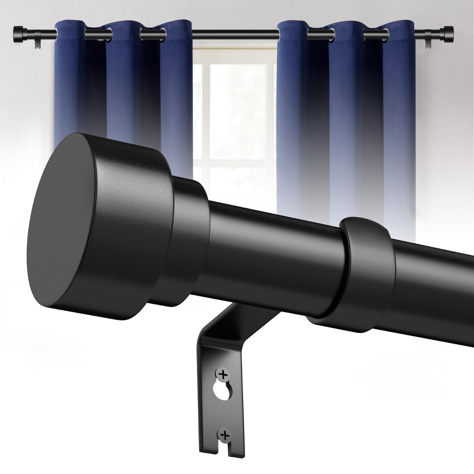 Curtain Rods for Windows 32 to 45, 1'' Diameter Adjustable Black Curtain Rod, Heavy Duty Long Window Curtain Rod, Outdoor Modern Style Drapery Rods with Simple End Caps, Size 32" - 45"