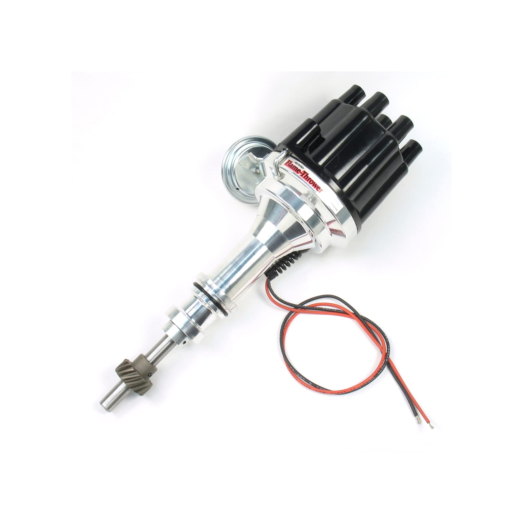 D130700 Flame-Thrower Billet Electronic Ignition Distributor with Ignitor II Technology, Compatible with Ford Small Block Engines, Plug and Play, Vacuum Advance Type, Black Female Cap